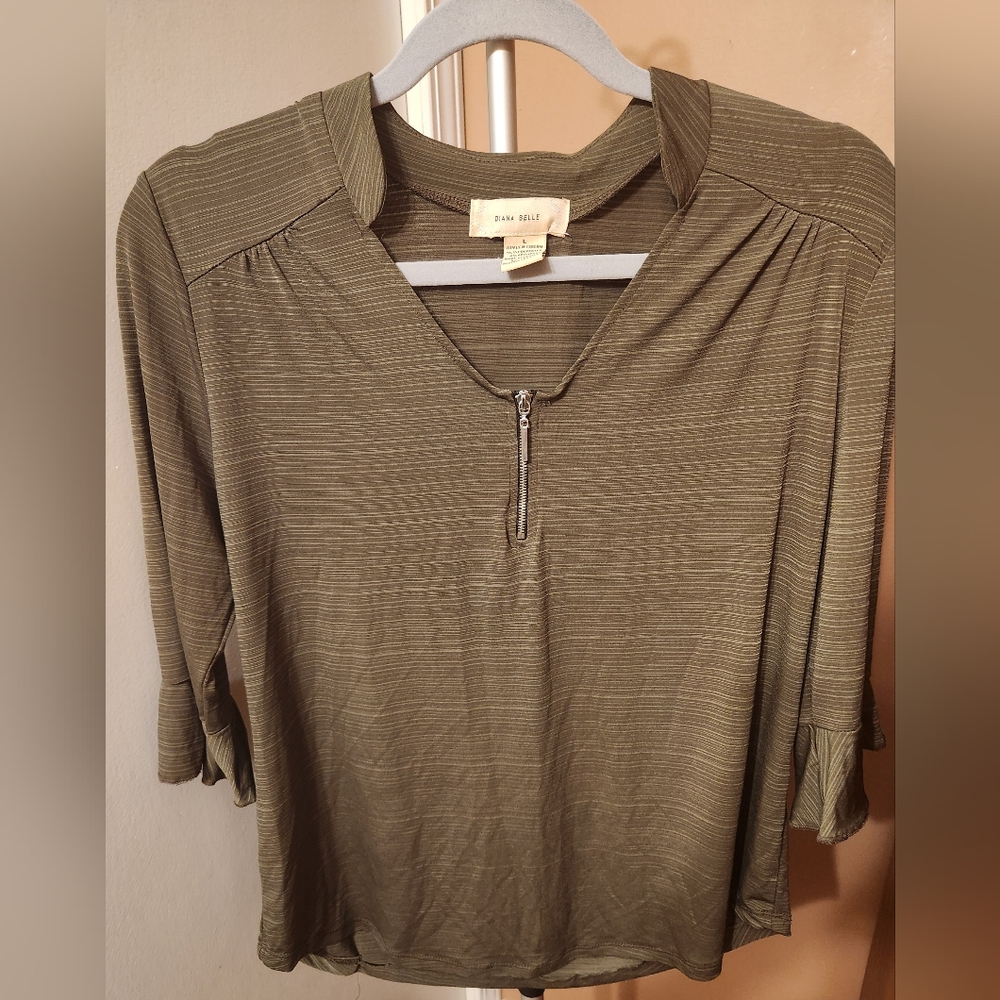 Diana Belle Large, Elbow Mid Sleeve, Zippered Front,Olive Green Women's Top